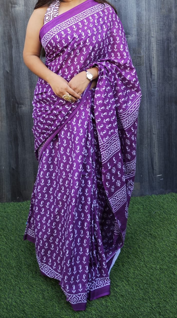 Bagru Block Printed Mulmul Cotton Saree